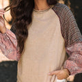 Plaid Floral Patchwork Round Neck Long Sleeve Top