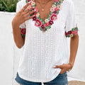 Ivy Lane Eyelet Embroidered V-Neck Short Sleeve Blouse
