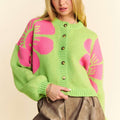 Davi & Dani Flower Contrast Round Neck Long Sleeve Cardigan