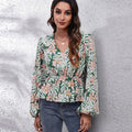 Floral V-Neck Balloon Sleeve Peplum Blouse