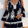 Perfee Tassel Printed Tie Neck Cold Shoulder Blouse