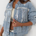 Sequin Fringe Trim Distressed Button Up Denim Jacket