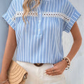 Perfee Half Button Striped Short Sleeve Blouse