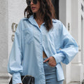Button Up Dropped Shoulder Lantern Sleeve Shirt