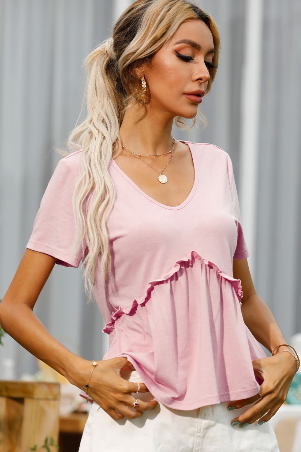 Shiny Frill Trim Short Sleeve Tee