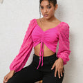 Swiss Dot Drawstring Cropped Blouse