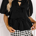 Cutout Round Neck Puff Sleeve Blouse