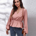 V-Neck Balloon Sleeve Peplum Blouse