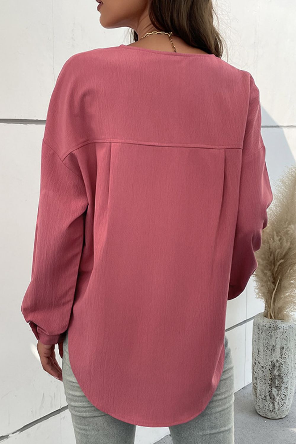 Perfee Half Button Pleated Detail Side Slit Blouse