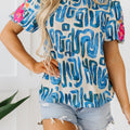 Embroidered Printed Mock Neck Short Sleeve Blouse