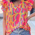 Ruffled Printed V-Neck Cap Sleeve Blouse