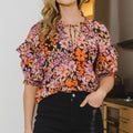 ODDI Full Size Floral Tie Neck Ruffled Blouse