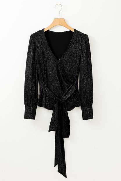 Glitter Surplice Long Sleeve Blouse