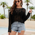 Fringe Trim Openwork Long Sleeve Cover-Up