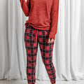 Round Neck Top and Drawstring Plaid Pants Lounge Set