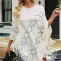 Pearl Trim V-Neck Fringe Hem Poncho