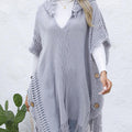 Fringe Trim Buttoned Hooded Poncho