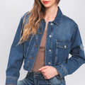 LOVE TREE Raw Hem Button Up Cropped Denim Jacket