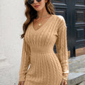 Cable-Knit V-Neck Long Sleeve Mini Sweater Dress