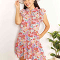 Double Take Floral Tie Neck Cap Sleeve Dress