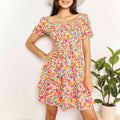 Double Take Smocked Sweetheart Neck Flounce Sleeve Mini Dress