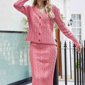 Mixed Knit V-Neck Cardigan and Knit Skirt Set