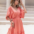 Tassel Trim Smocked V-Neck Short Sleeve Dress
