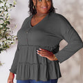 Double Take Half Button Long Sleeve Ruffle Hem Blouse