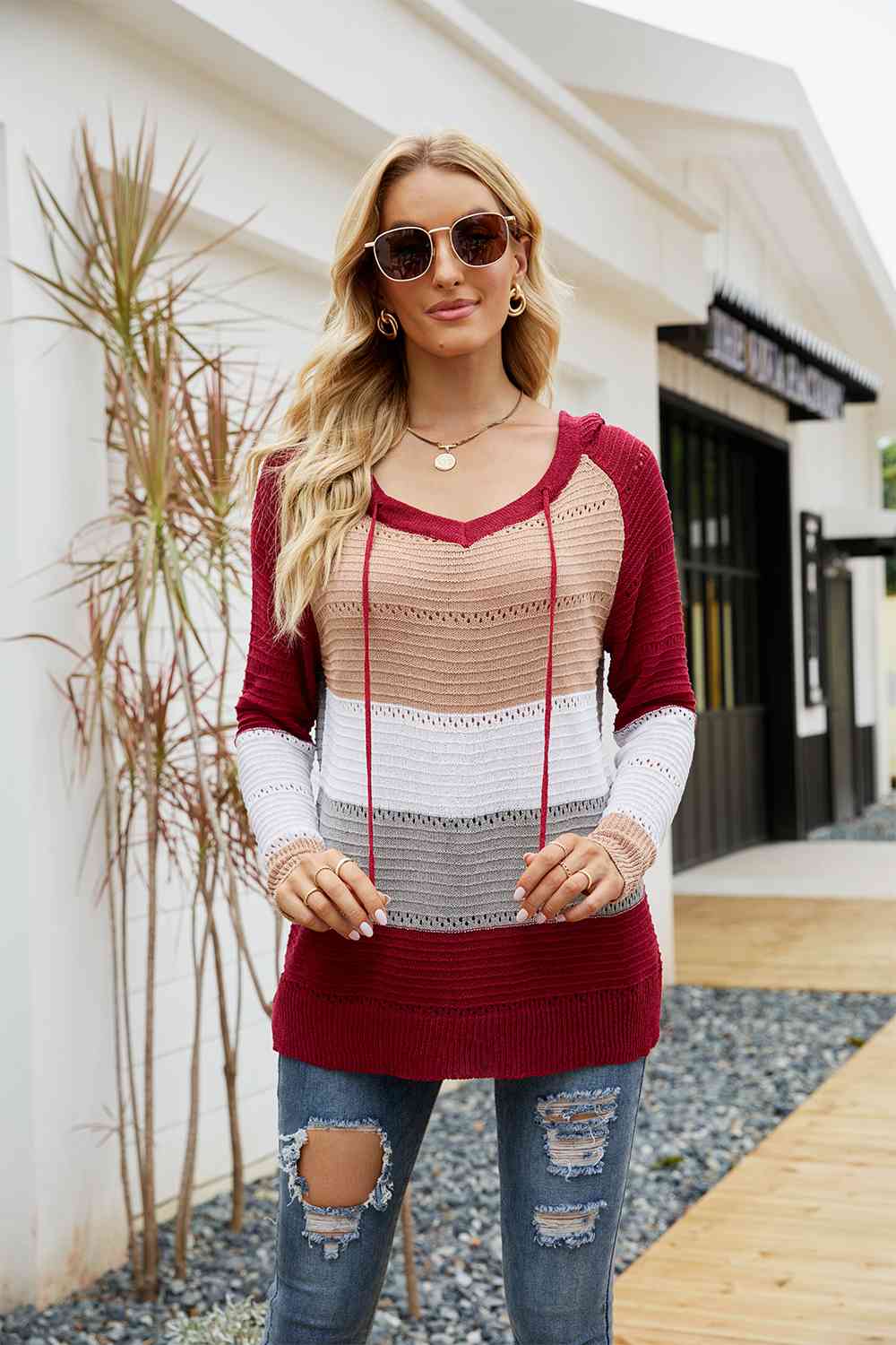 Color Block Drawstring Hooded Sweater