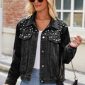Pearl Detail Collared Neck Long Sleeve Denim Jacket